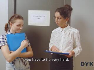 DYKE4K. Beautiful office workers use dildo and pussy licking for a lunch break