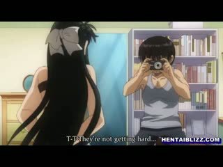 Tied up and blindfold hentai gets handjob and photo