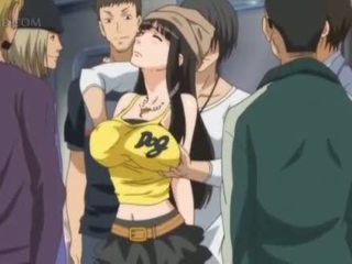 Busty anime sex slave gets nipples pinched in public